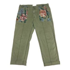 Anthropologie Relaxed Embroidered Trouser Olive Green Floral Tapestry Size 32